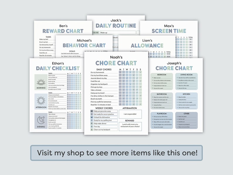 May include: A set of printable chore charts for kids. Each chart features a different name and a different theme. The charts are designed to help kids stay organized and on track with their daily and weekly tasks. The charts include sections for daily chores, weekly chores, affirmations, and rewards.