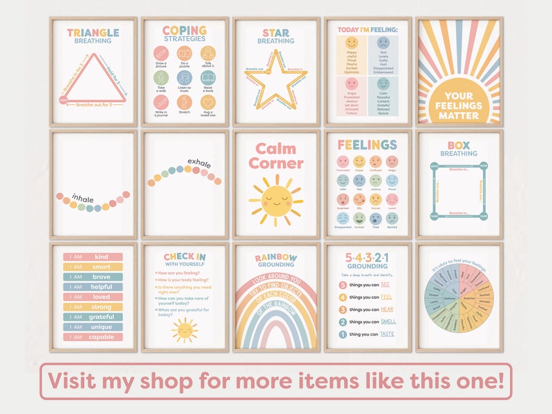 May include: Set of 10 printable posters with colorful illustrations and text related to coping strategies, feelings, and grounding techniques.  Includes titles like "Triangle Breathing", "Coping Strategies", "Star Breathing", "Today I'm Feeling", "Your Feelings Matter", "Calm Corner", "Feelings", "Box Breathing", "Rainbow Grounding", and "5-4-3-2-1 Grounding".