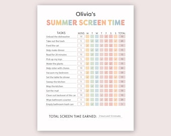 Lista de verificación de tiempo de pantalla de verano Tabla de tiempo de pantalla editable Tabla de tareas de tiempo de pantalla de verano para niños Ganar tiempo de pantalla Tabla de recompensas de tiempo de pantalla Verano
