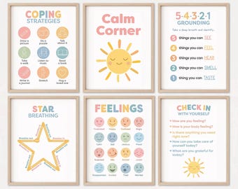 Posters voor een rustgevende hoek, posters voor de rustgevende hoek in de klas, gevoelenskaart, printbare materialen voor een rustgevende hoek, affirmaties voor de kinderkamerdecoratie