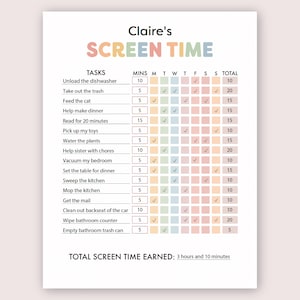 Screen Time Chart for Kids Screen Time Management Screen Time Tracker Screen Time Check List Screen Time Check Screentime Rules for Kids PDF