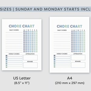 May include: Printable chore chart template in two sizes: US Letter (8.5 inches by 11 inches) and A4 (210 mm by 297 mm). The chart includes sections for daily chores, weekly chores, affirmations, and rewards. The chart has a blue and green color scheme.