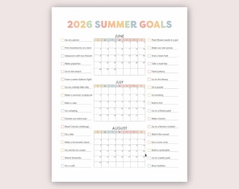May include: A white paper with pastel text that reads "2026 SUMMER GOALS." The calendar includes sections for June, July, and August, with checkboxes for summer activities like picnics, bike rides, and making popsicles.