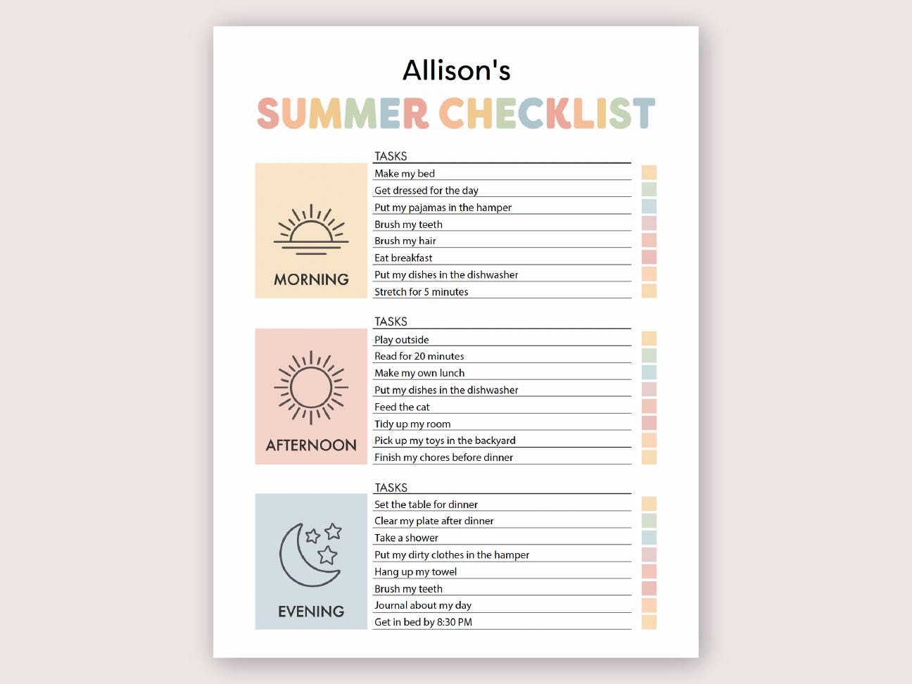 Summer Routine Blank Kids Summer Routine Checklist Printable Routine Chart for Kids Summer ...