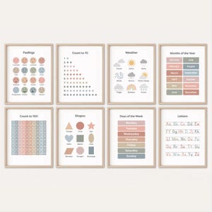 Afiches educativos bohemios, decoración para el aula, arte para jardín de infantes, clima, material imprimible para educación en el hogar, póster del alfabeto Montessori para niños pequeños para la vuelta al cole