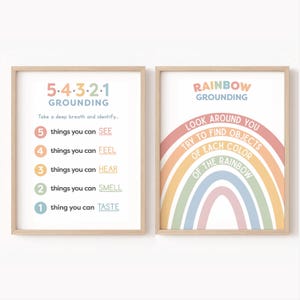 54321 Póster de técnica de conexión a tierra Arcoíris Arte de pared imprimible Decoración de oficina de consejero escolar para niños 5-4-3-2-1 Alivio de la ansiedad en el aula