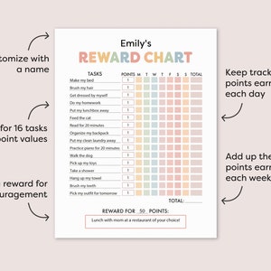 May include: A printable reward chart for children with a colourful rainbow design. The chart includes a list of 16 tasks, a points column, and a grid for tracking points earned each day of the week. The reward for earning 50 points is "Lunch with mum at a restaurant of your choice!"