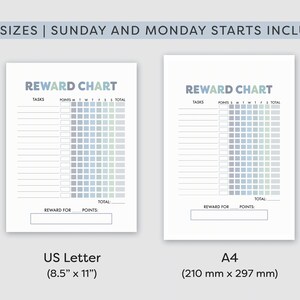 May include: Two printable reward charts in US Letter (8.5" x 11") and A4 (210 mm x 297 mm) sizes. Each chart has a space for tasks, points, and a total points section. The charts are designed with a light blue and gray color scheme.