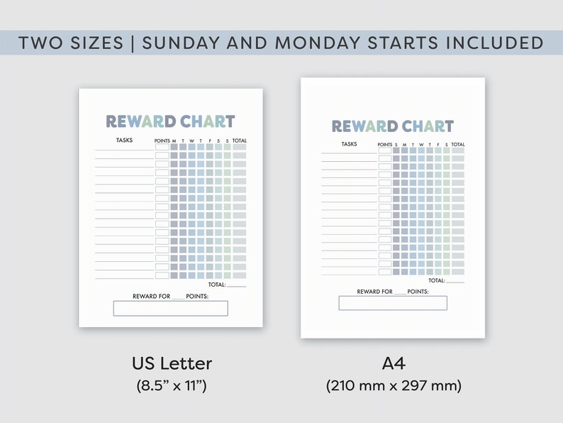 May include: Two printable reward charts in US Letter (8.5" x 11") and A4 (210 mm x 297 mm) sizes. Each chart has a space for tasks, points, and a total points section. The charts are designed with a light blue and gray color scheme.