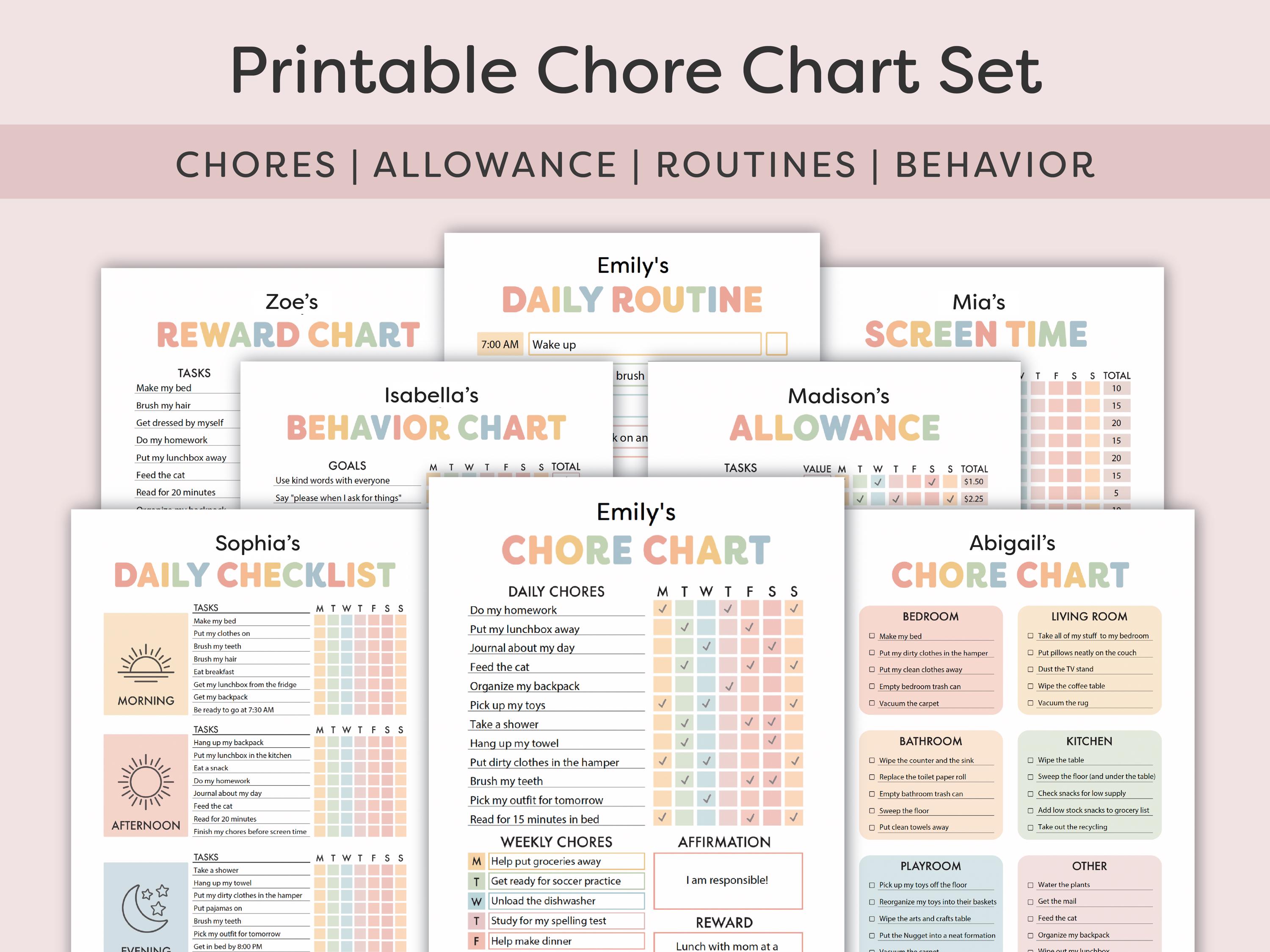 Editable Kids Chore Charts Set: Reward, Allowance, Daily Checklist ...
