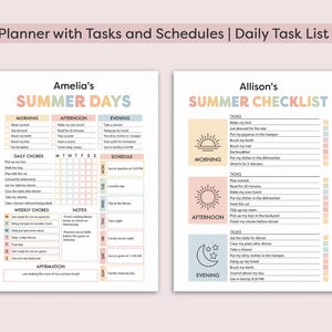 Może przedstawiać: Dwie strony letniego planera do wydrukowania z pastelowymi blokami kolor&oacute;w. Jedna zatytułowana "Amelia's SUMMER DAYS", a druga "Allison's SUMMER CHECKLIST". Każda strona ma sekcje na zadania poranne, popołudniowe i wieczorne oraz codzienne i cotygodniowe obowiązki.