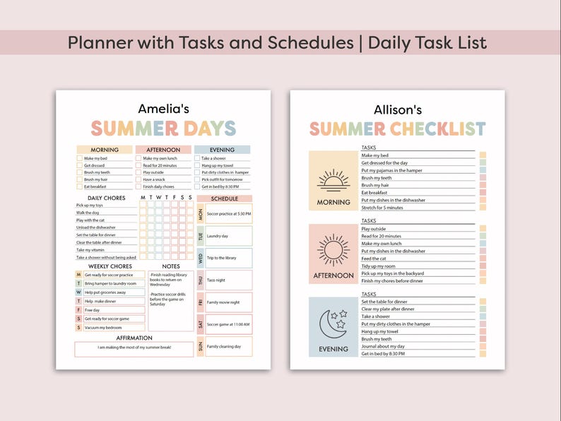 Może przedstawiać: Dwie strony letniego planera do wydrukowania z pastelowymi blokami kolor&oacute;w. Jedna zatytułowana "Amelia's SUMMER DAYS", a druga "Allison's SUMMER CHECKLIST". Każda strona ma sekcje na zadania poranne, popołudniowe i wieczorne oraz codzienne i cotygodniowe obowiązki.