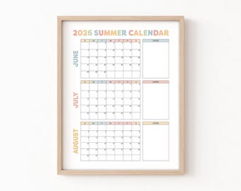 2026 Summer Calendar: Monthly Printable Calendar, Kids Summer Calendar, Large Monthly Wall Calendar Poster, Summer Kids Monthly Calendar