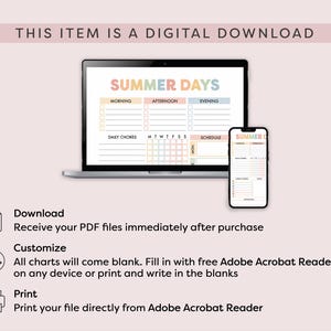 Może przedstawiać: Cyfrowy produkt do pobrania wyświetlany na laptopie i smartfonie. Ekran laptopa pokazuje kolorowy planer "Summer Days" z sekcjami na rano, popołudnie i wiecz&oacute;r. Smartfon wyświetla podobny planer. U g&oacute;ry widnieje napis "This item is a digital download."