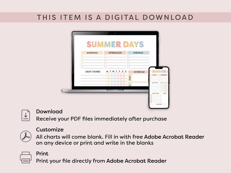 Może przedstawiać: Cyfrowy produkt do pobrania wyświetlany na laptopie i smartfonie. Ekran laptopa pokazuje kolorowy planer "Summer Days" z sekcjami na rano, popołudnie i wiecz&oacute;r. Smartfon wyświetla podobny planer. U g&oacute;ry widnieje napis "This item is a digital download."