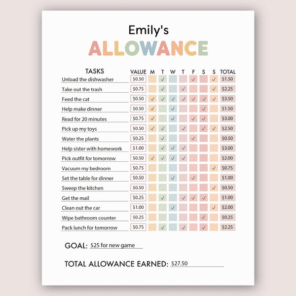 Allowance Chart for Kids Allowance Chore Chart Printable Allowance Chore Allowance and Chore Tracker Kids Chore Chart with Allowance Tracker