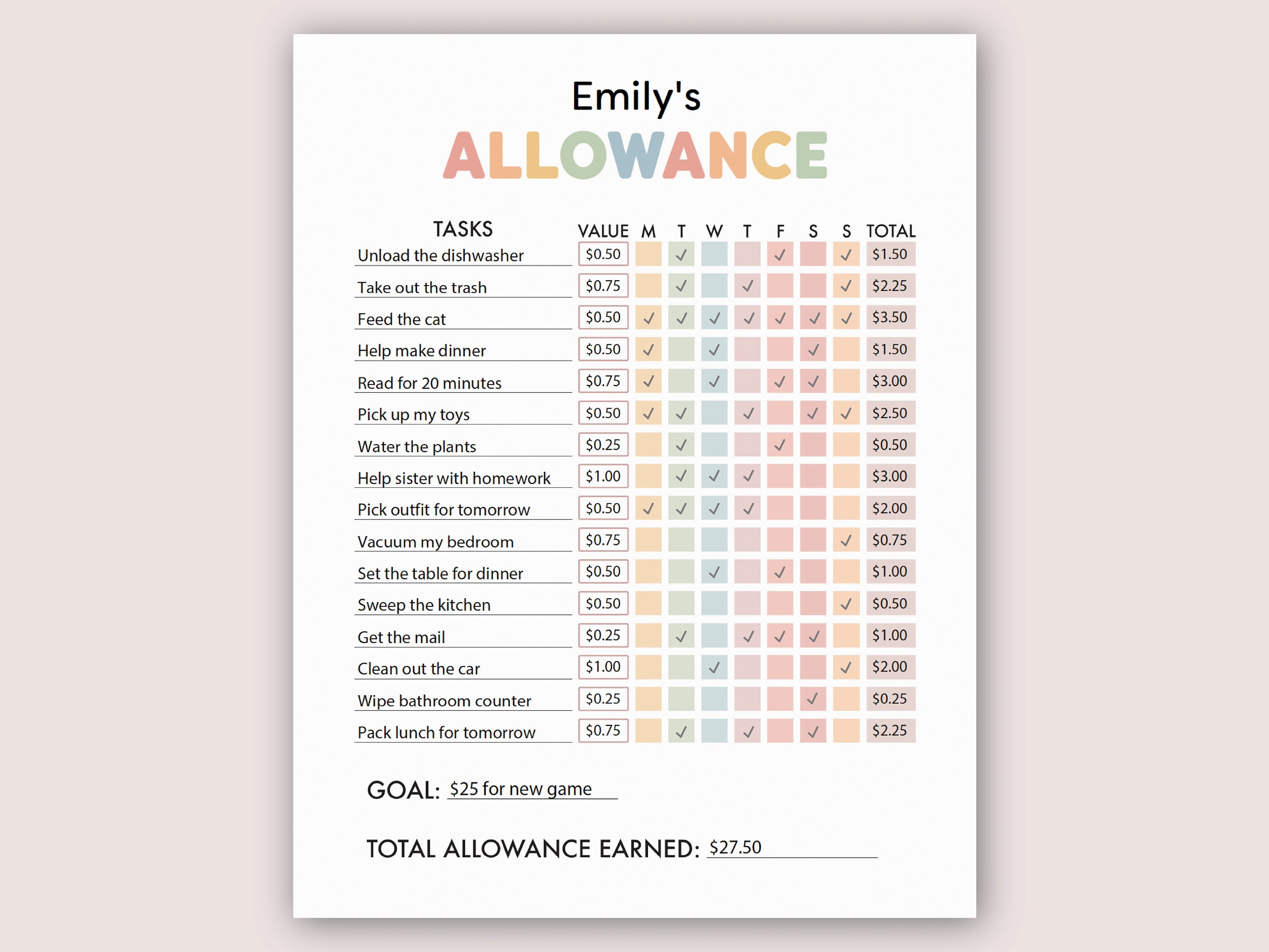 Allowance Chart for Kids | Printable Allowance Chore Chart, Allowance ...