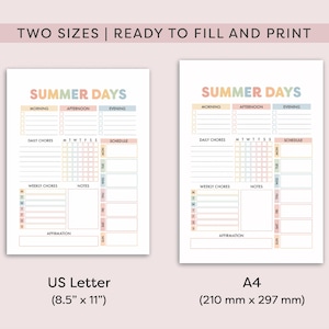 Może przedstawiać: Dwa arkusze planera do wydruku z tekstem "SUMMER DAYS" w pastelowych kolorach. Arkusze zawierają sekcje na codzienne i cotygodniowe obowiązki, notatki i afirmacje. Jeden arkusz to US Letter, drugi to A4.