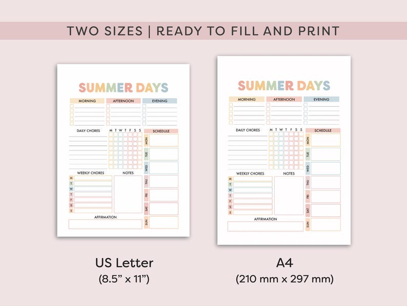 Może przedstawiać: Dwa arkusze planera do wydruku z tekstem "SUMMER DAYS" w pastelowych kolorach. Arkusze zawierają sekcje na codzienne i cotygodniowe obowiązki, notatki i afirmacje. Jeden arkusz to US Letter, drugi to A4.