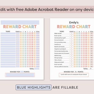 May include: A printable reward chart with a pastel rainbow colour scheme. The chart is divided into two sections, one for a child and one for Emily. Each section has a list of tasks with points assigned to each task. The chart includes columns for each day of the week and a total points column. The chart also includes a space for a reward for reaching a certain number of points.