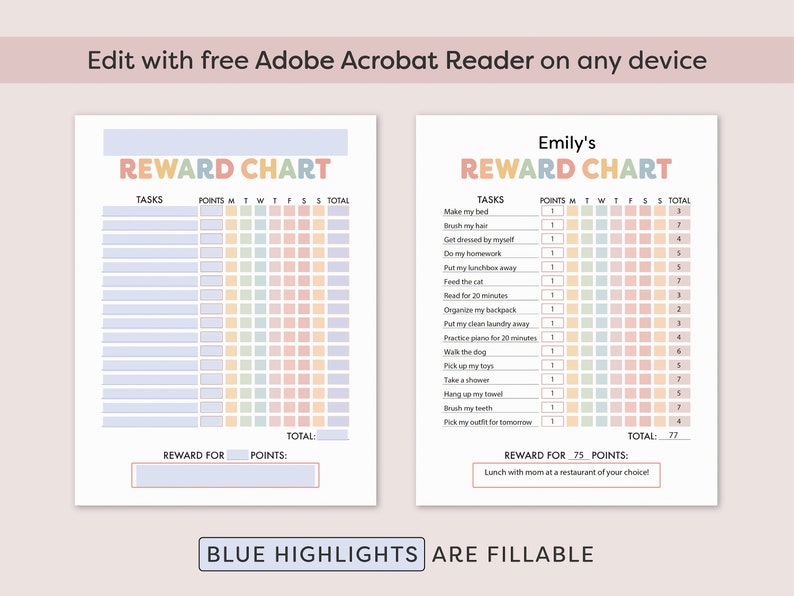 May include: A printable reward chart with a pastel rainbow colour scheme. The chart is divided into two sections, one for a child and one for Emily. Each section has a list of tasks with points assigned to each task. The chart includes columns for each day of the week and a total points column. The chart also includes a space for a reward for reaching a certain number of points.