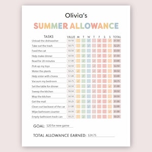 Kinder Zulage Geld Geld Zulage Tracker für Kinder Sommer Druckbare Sommer Kinder Aktivitäten Wöchentliche Aufgabe und Zulage Tabelle PDF