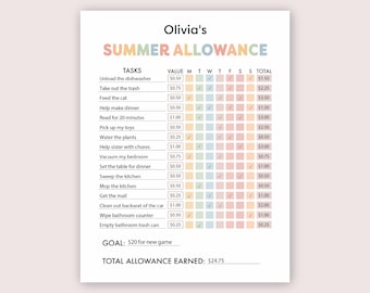 Kids Summer Allowance Money Chore Allowance Tracker for Kids Summer Printable Summer Kids Activities Weekly Chore and Allowance Chart PDF