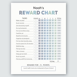 May include: A printable reward chart for kids with a blue and green color scheme. The chart has a list of tasks with points assigned to each task. There are checkboxes for each day of the week. The chart has a total points section and a reward section. The reward is "Lunch with mom at a restaurant of your choice!" for 75 points.