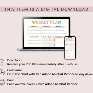 May include: A digital download of a weekly planner with a colorful design. The planner includes sections for morning, afternoon, evening, daily chores, and a schedule. The planner is shown on a laptop screen and a mobile phone.