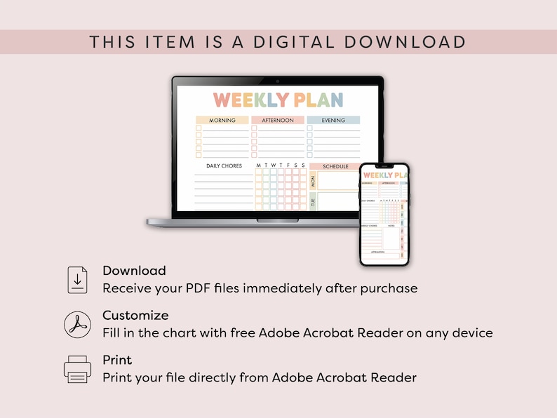 May include: A digital download of a weekly planner with a colorful design. The planner includes sections for morning, afternoon, evening, daily chores, and a schedule. The planner is shown on a laptop screen and a mobile phone.