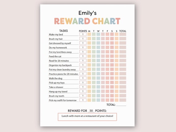 Reward Chart for Kids | Printable Rewards Chart, Editable Responsibility Chart, Prizes and Rewards for Chores, Points Chart for Kid (PDF)