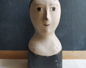Vintage Papier Mache Head Bust Mannequin, French hand painted Marotte doll from Tours, France