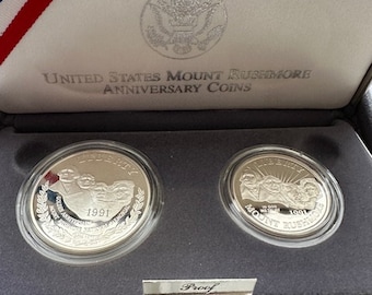 1991 Mount Rushmore Anniversary Silver Dollar and Half Dollar Collectors Coin Set, Mint San Francisco, Certificate of Authenticity