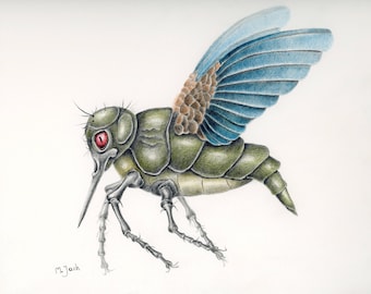 Dibujo original a grafito y lápices de colores de un insecto peculiar.