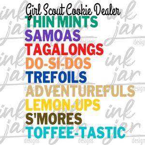 Girl Scout Cookie Names Stacked / Girl Scouts SVG / Cookie Dealer / Girl Scout / Girl Scout Cookies / Cookie Crew / Sublimation / Cut File