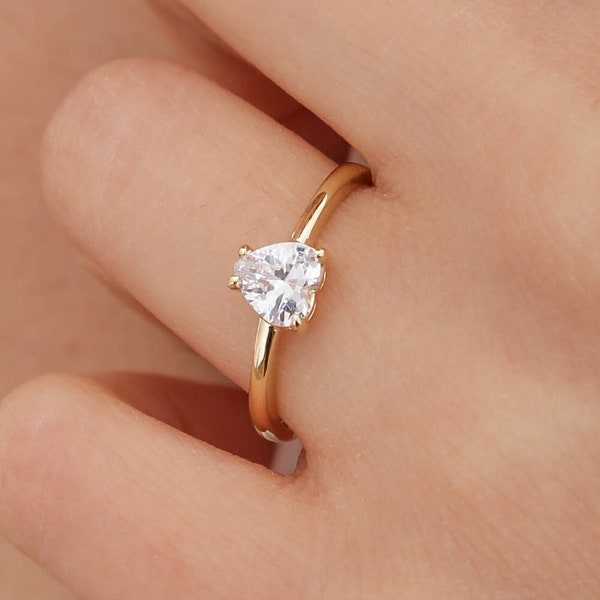 Anello solitario con pietra a cuore in oro massiccio 14K, anello solitario con pietra a cuore in argento sterling, solitario con pietra a cuore 6x6 mm, regalo di San Valentino