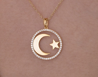 14K Solid Gold Moon Star Necklace, Moon Star Necklace, 925 Sterling Silver Moon Star Necklace, Valentine's Day Gift, Mother's Day Gift