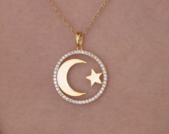 14K Solid Gold Moon Star Necklace, Moon Star Necklace, 925 Sterling Silver Moon Star Necklace, Valentine's Day Gift, Mother's Day Gift