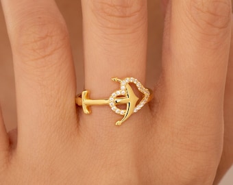 14K Solid Gold Anchor Ring, 925 Sterling Silver Anchor Ring, Anchor Heart Ring, Stackable Rings, Mother's Day Gift, Valentine's Day Gift