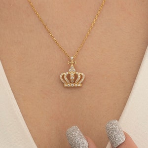 Collana con corona a croce in oro massiccio 14 carati, collana con corona a croce in argento 925, anello con corona da principessa, regalo per la festa della mamma, regalo per San Valentino