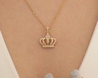 14K Solid Gold Cross Crown Necklace, 925 Silver Cross Crown Necklace, Dainty Princess Crown Ring, Mother&#39;s Day Gift, Valentine&#39;s Day Gift