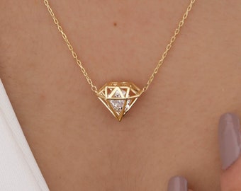 Collar con piedra natal, collar con diamantes engastados en jaula, collar de oro macizo de 14 quilates, collar de plata de ley 925 con engaste en jaula, regalo de cumpleaños, regalo para el Día de la Madre