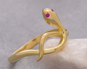 14K Solid Gold Snake Ring, 925 Sterling Silver Snake Ring, Ruby Stone Snake Ring, Dainty Snake Ring, Mother's Day Gift, Valentine's Day Gift