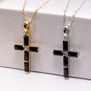 14K Solid Gold Black Baguette Cross Necklace, Silver Black Baguette Cross Necklace, Christmas Gift, Necklace, Girlfriend Gift, Birthday Gift