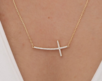 Religious Necklace, 14k Gold Curved Sideways Cross Necklace, Sterling Silver Curved Sideways Cross Necklace,  Baptism Gift, Christmas Gift