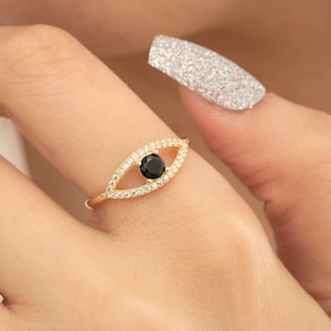 14K Solid Gold Evil Eye Ring, Sterling Silver Evil Eye Ring, Handmade Evil Eye, Black Evil Eye Ring, Valentine&#39;s Day Gift, Mother&#39;s Day Gift