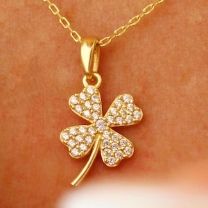 14K Solid Gold Clover Necklace, 925 Sterling Silver Clover Necklace, 4 Four Leaf Clover Necklace, Elegant Flower Neclace, Mother&#39;s Day Gift