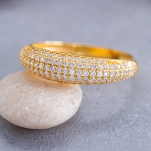 14K Solid Gold Pave Dome Ring, 925 Sterling Silver Pave Dome Ring, Dainty Dome Ring, Minimalist Ring, Mother's Day Gift, Valentine's Day Gif