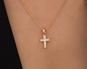 14K Solid Gold Tiny Cross Necklace, 925 Sterling Silver Cross Necklace, Minimalist Pendant for Women, Religious Necklace, Baptism Gift