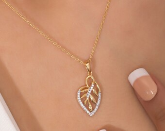 14K Solid Gold Heart Leaf Necklace, Sterling Silver Heart Leaf Necklace, Heart Leaf Necklace, Christmas Gift, Valentine's Day Gift